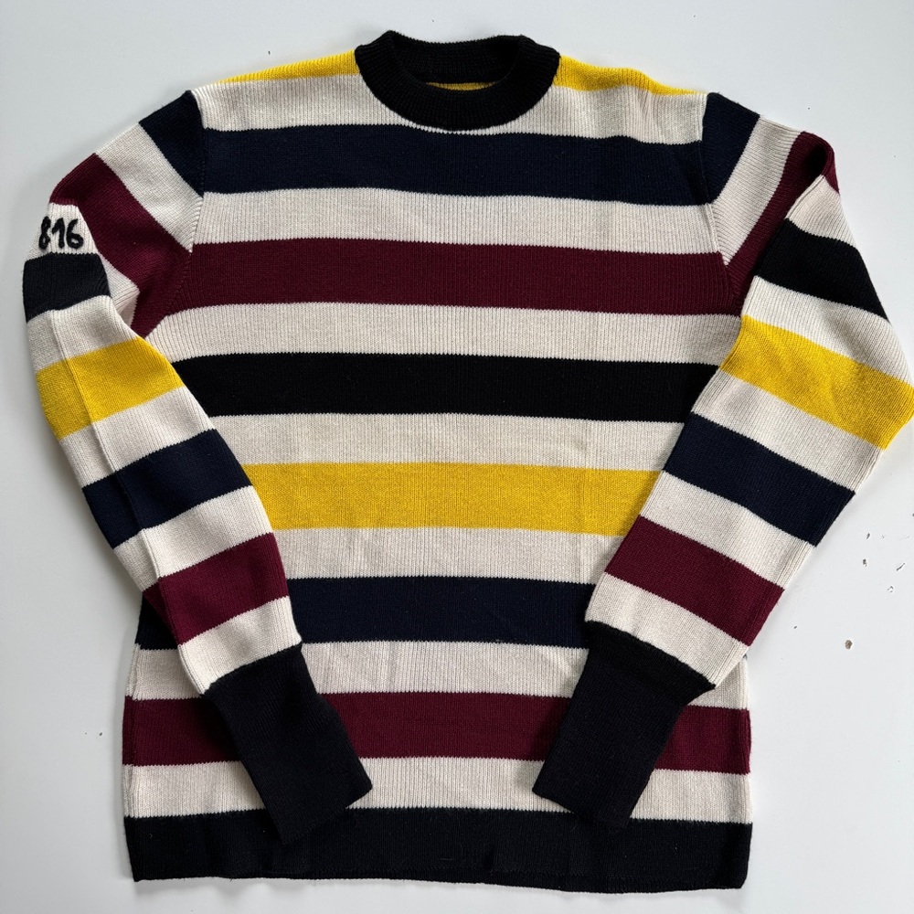 816 Striped Ski Style Sweater With Cuff Thumb Holes Yellow Maroon Black- Medium
